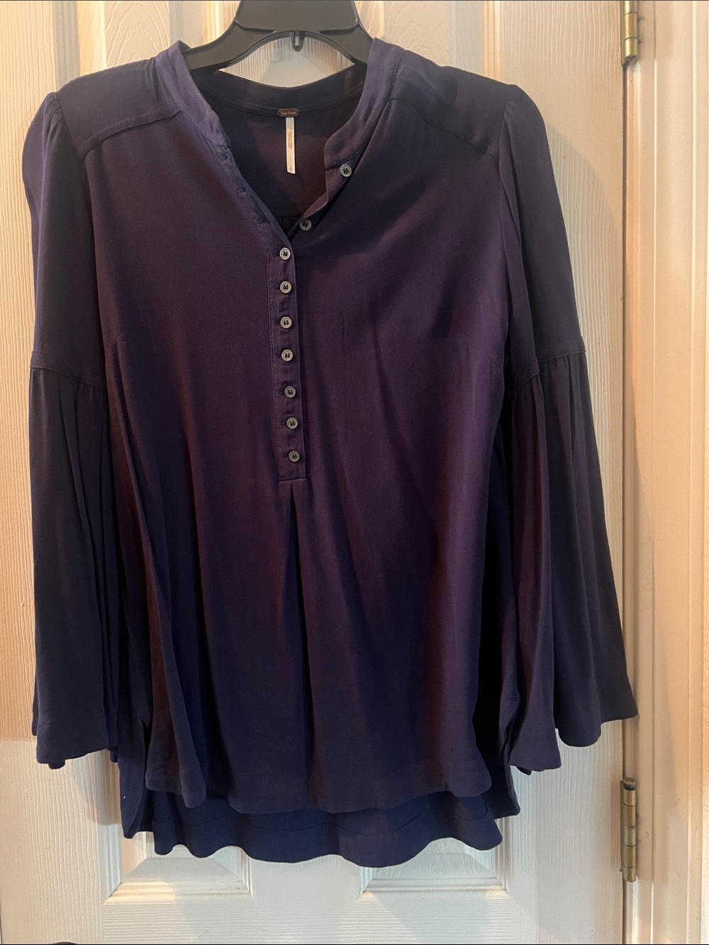 Free People Deep Navy Button-Front Peasant Blouse
